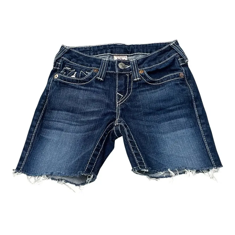 True Religion Cutoff Denim Shorts 25 Dark Low Rise Y2K Festival Western READ